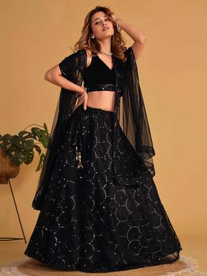 Mesmerizing Black Mirror Work Organza Reception Wear Lehenga Choli 4