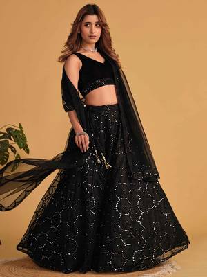 Mesmerizing Black Mirror Work Organza Reception Wear Lehenga Choli 5