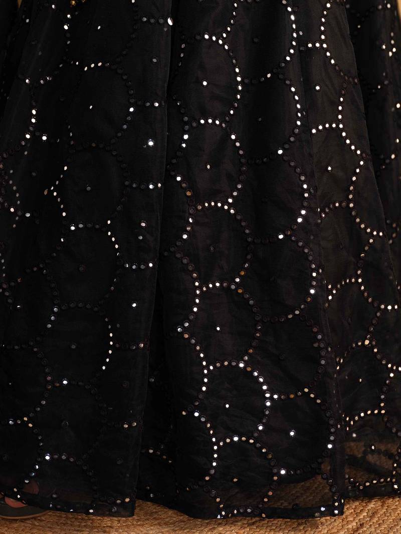 Mesmerizing Black Mirror Work Organza Reception Wear Lehenga Choli