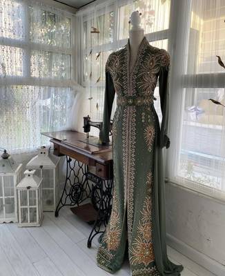 Luxurious Olive Green Kaftan Gown with Gold Zari Work | Eid & Formal Event Dress 1