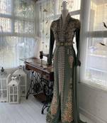 Luxurious Olive Green Kaftan Gown with Gold Zari Work | Eid & Formal Event Dress