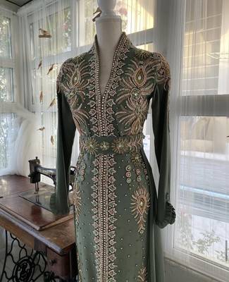 Luxurious Olive Green Kaftan Gown with Gold Zari Work | Eid & Formal Event Dress 2