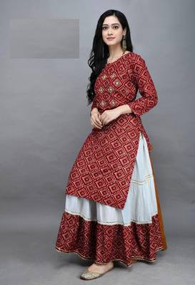 Maroon Rayon Printed Bandhej Kurta and Skirt Set 1
