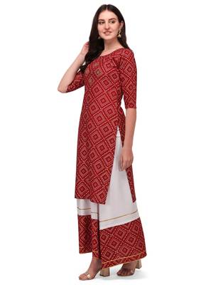 Maroon Rayon Printed Bandhej Kurta and Skirt Set 4