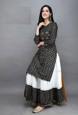 Traditional rayon fabric bandhej printed kurta with skirt 1