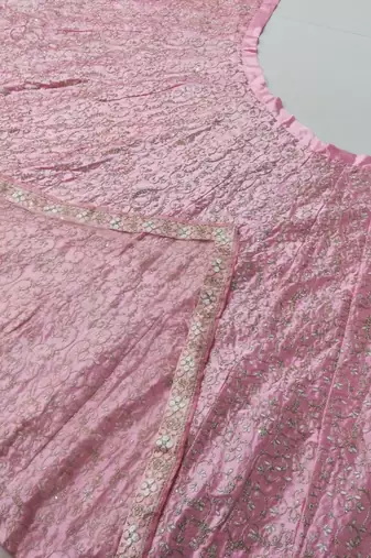 Baby Pink Cording Dori With Zari Thread And 3Mm Sequence Embroidered Malai Satin Silk Lehenga