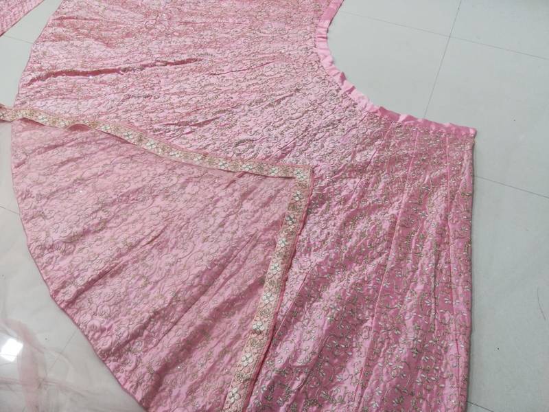 Baby Pink Cording Dori With Zari Thread And 3Mm Sequence Embroidered Malai Satin Silk Lehenga