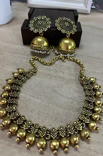 Gold Plated Alloy Antique Necklace with Jhumkas