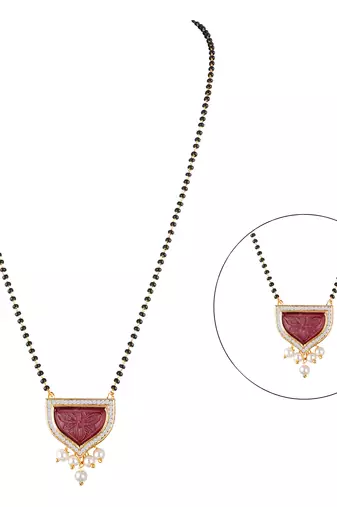 Jfl - jewellery for less gold plated pendant with cz american diamond studed & pearl drop mangalsutra for women
