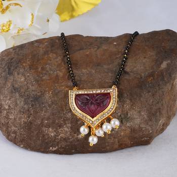 Jfl - jewellery for less gold plated pendant with cz american diamond studed & pearl drop mangalsutra for women 1