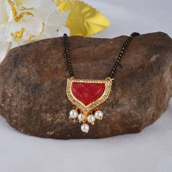 Jfl - jewellery for less gold plated pendant with cz american diamond studed & pearl drop mangalsutra for women 2