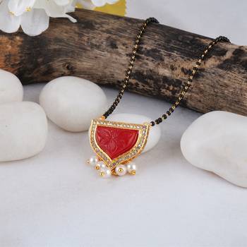 Jfl - jewellery for less gold plated pendant with cz american diamond studed & pearl drop mangalsutra for women 1