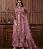 Mauve Embroidered Soft Net Semi Stitched Designer Salwar Suit