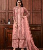 Peach Embroidered Soft Net Semi Stitched Designer Salwar Suit