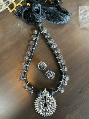 Black Tassle Sunflower Pendant Coin Interlaced Necklace With German Silver Studs 3