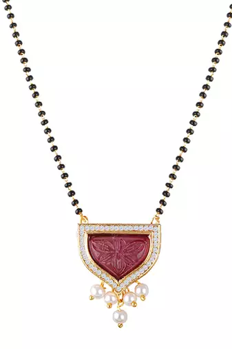 Jfl - jewellery for less gold plated pendant with cz american diamond studed & pearl drop mangalsutra for women