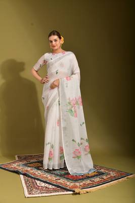 Ethnic White Printed Linen Saree 1
