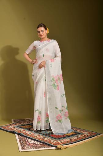 Elegant And Ethnic White Premium Printed Linen Saree