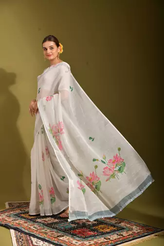 Ethnic White Printed Linen Saree