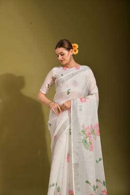 Ethnic White Printed Linen Saree 3