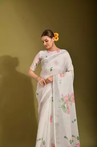 Ethnic White Printed Linen Saree