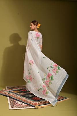 Ethnic White Printed Linen Saree 4