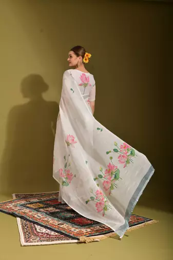 Ethnic White Printed Linen Saree