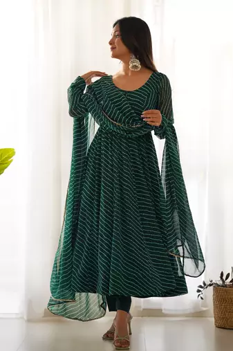 Pure Fox Georgette Laheriya Print Fabric Fully Flair Anarkali, With Dupatta And Pent