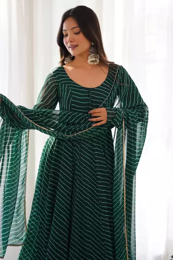 Pure Fox Georgette Laheriya Print Fabric Fully Flair Anarkali, With Dupatta And Pent