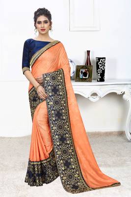 Orange Zari Embroidered Siroski Stone Border Silk Jacquard Party Wear Saree With Blouse Piece 1