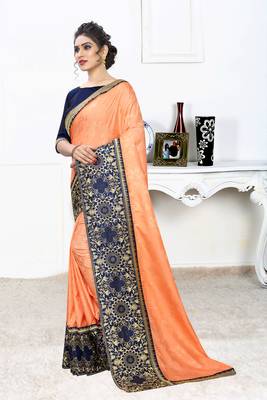 Orange Zari Embroidered Siroski Stone Border Silk Jacquard Party Wear Saree With Blouse Piece 2
