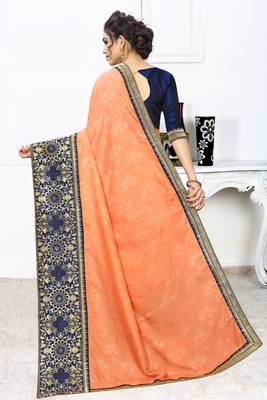 Orange Zari Embroidered Siroski Stone Border Silk Jacquard Party Wear Saree With Blouse Piece 3