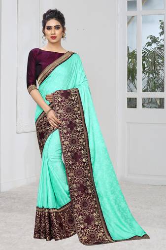 Sky Blue Zari Embroidered Siroski Stone Border Silk Jacquard Party Wear Saree With Blouse Piece