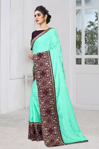 Sky Blue Zari Embroidered Siroski Stone Border Silk Jacquard Party Wear Saree With Blouse Piece