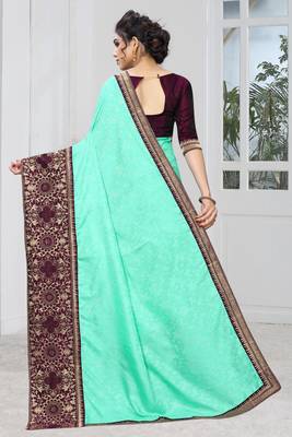 Sky Blue Zari Embroidered Siroski Stone Border Silk Jacquard Party Wear Saree With Blouse Piece 3