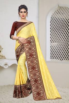 Yellow Zari Embroidered Siroski Stone Border Silk Jacquard Party Wear Saree With Blouse Piece 1