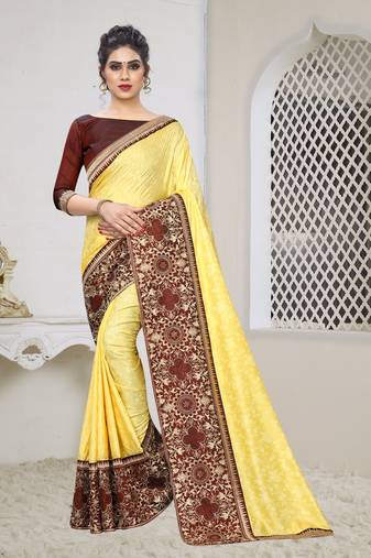 Yellow Zari Embroidered Siroski Stone Border Silk Jacquard Party Wear Saree With Blouse Piece