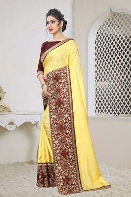 Yellow Zari Embroidered Siroski Stone Border Silk Jacquard Party Wear Saree With Blouse Piece 2