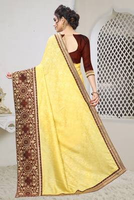Yellow Zari Embroidered Siroski Stone Border Silk Jacquard Party Wear Saree With Blouse Piece 3