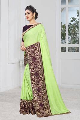 Green Zari Embroidered Siroski Stone Border Silk Jacquard Party Wear Saree With Blouse Piece 2