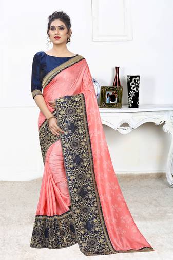 Pink Zari Embroidered Siroski Stone Border Silk Jacquard Party Wear Saree With Blouse Piece