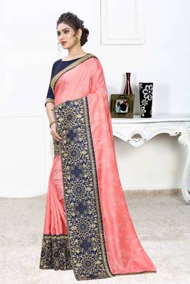 Pink Zari Embroidered Siroski Stone Border Silk Jacquard Party Wear Saree With Blouse Piece 2