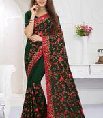 Bottle Green Kashmiri Resham Embroidered Georgette Saree With Blouse Piece