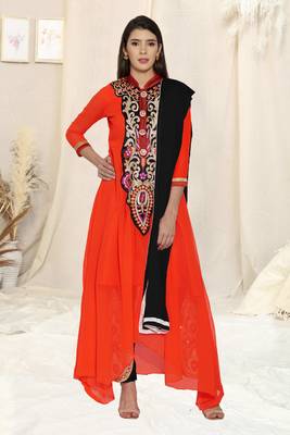 Orange Embroidered Georgette Semi Stitched Salwar With Dupatta 1