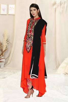 Orange Embroidered Georgette Semi Stitched Salwar With Dupatta 2