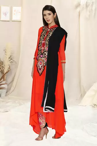 Orange Embroidered Georgette Semi Stitched Salwar With Dupatta