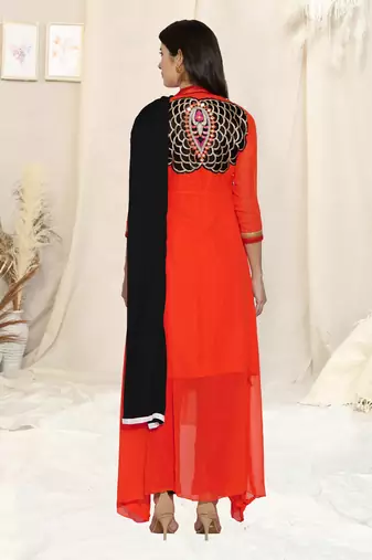 Orange Embroidered Georgette Semi Stitched Salwar With Dupatta