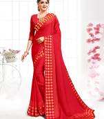 Red Siroski Stone Border Satin Party Wear Saree With Blouse Piece