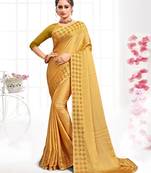 Mustard Siroski Stone Border Satin Party Wear Saree With Blouse Piece