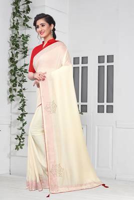 Off White Siroski Stone Border Two Tone Silk Party Wear Saree With Blouse Piece 2